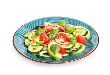 Photo of Delicious salad with cucumbers isolated on white