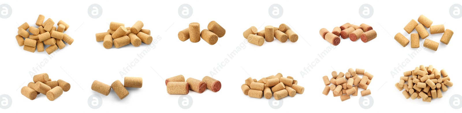 Image of Set with wine corks on white background. Banner design