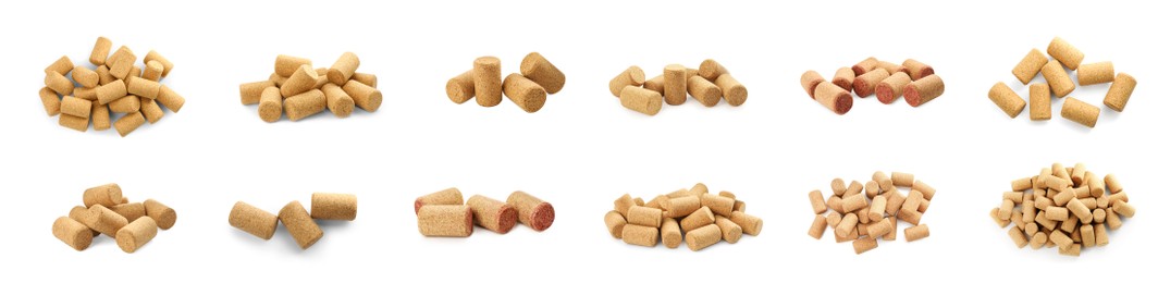 Image of Set with wine corks on white background. Banner design