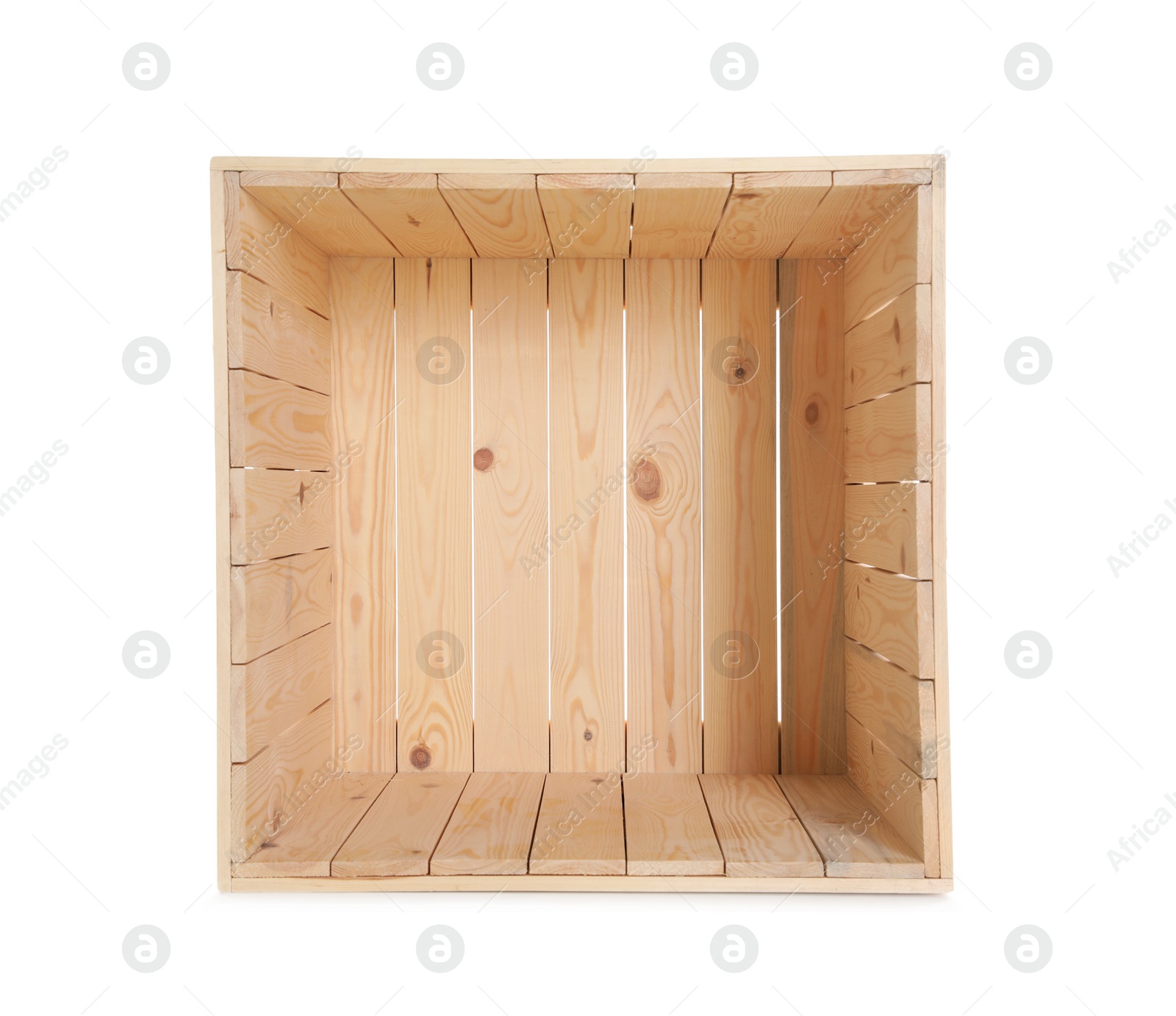 Photo of Open empty wooden crate isolated on white