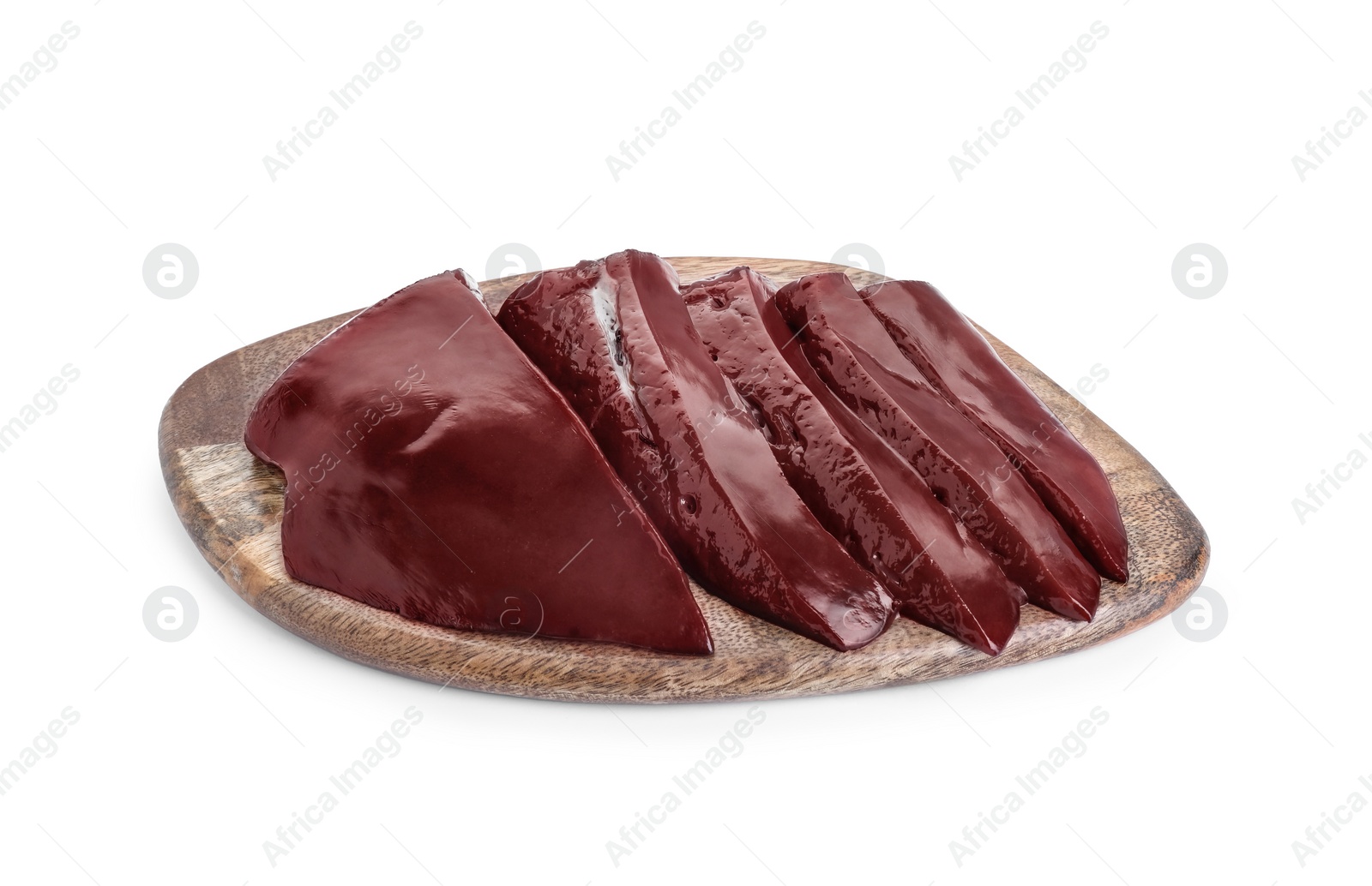 Photo of Cut raw beef liver isolated on white