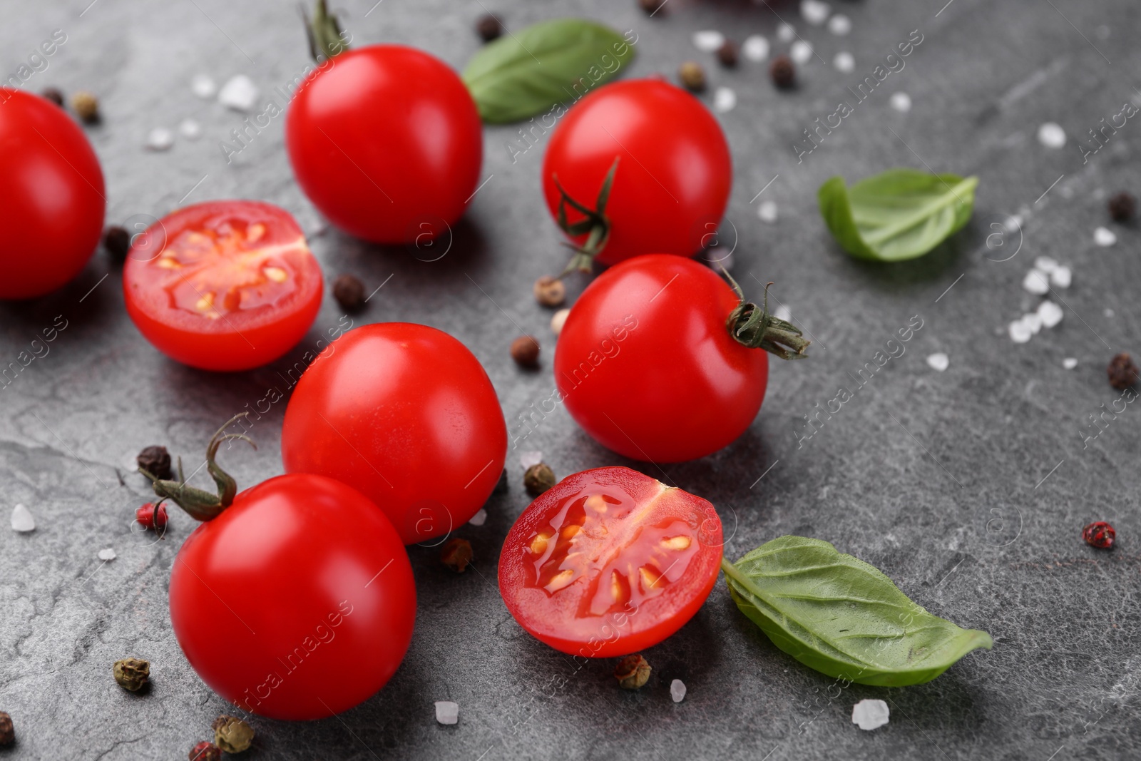 Photo of Ripe tomatoes, basil and spices on gray textured table, closeup