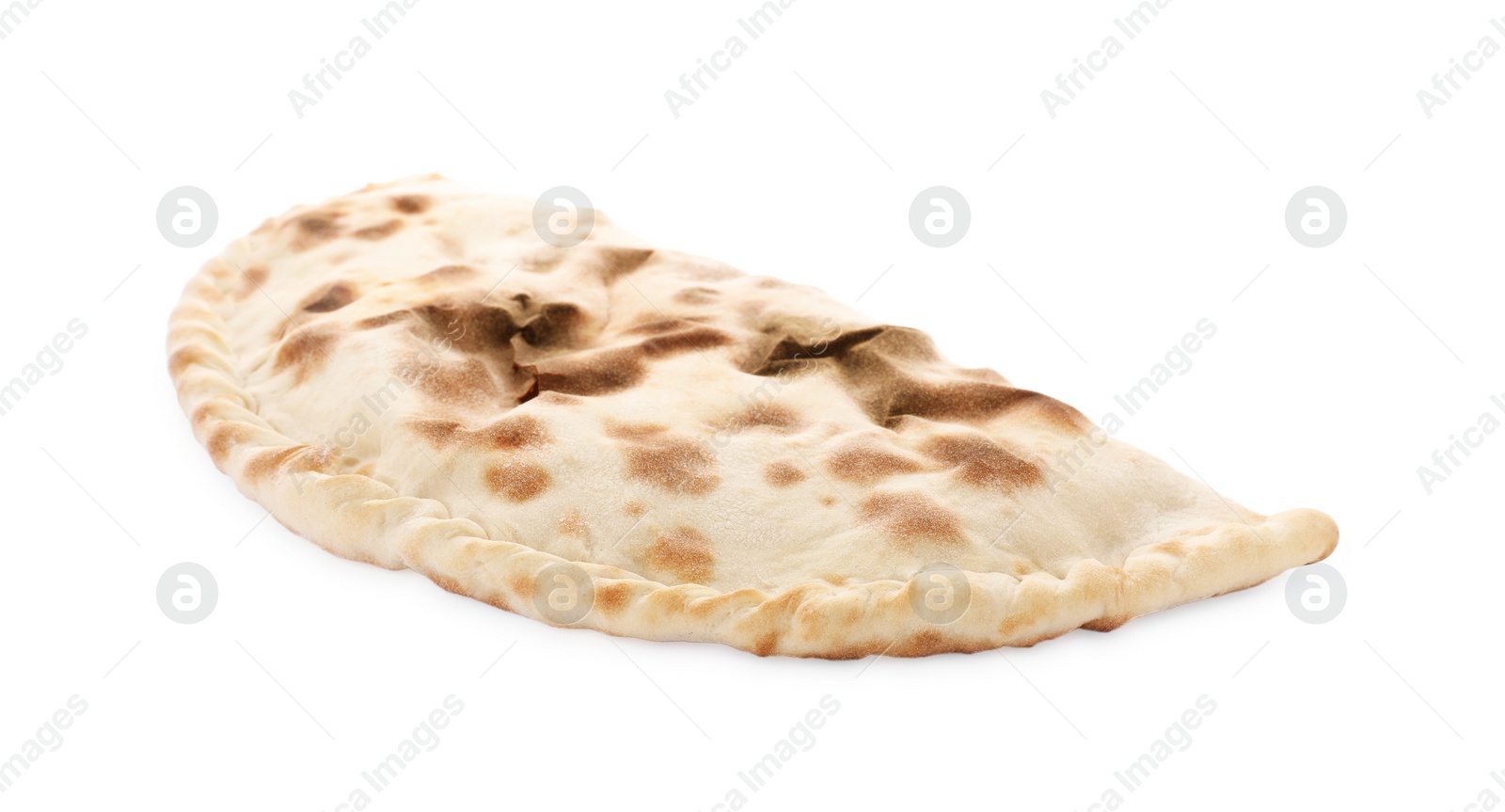 Photo of One delicious stuffed calzone on white background