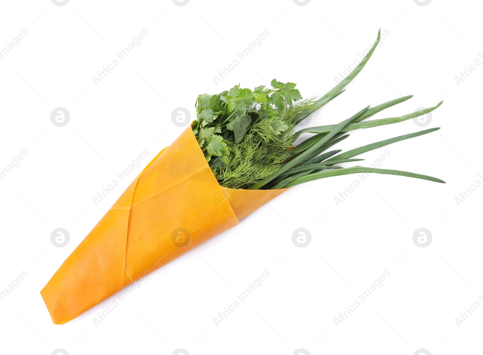 Photo of Fresh herbs in beeswax food wrap isolated on white, top view