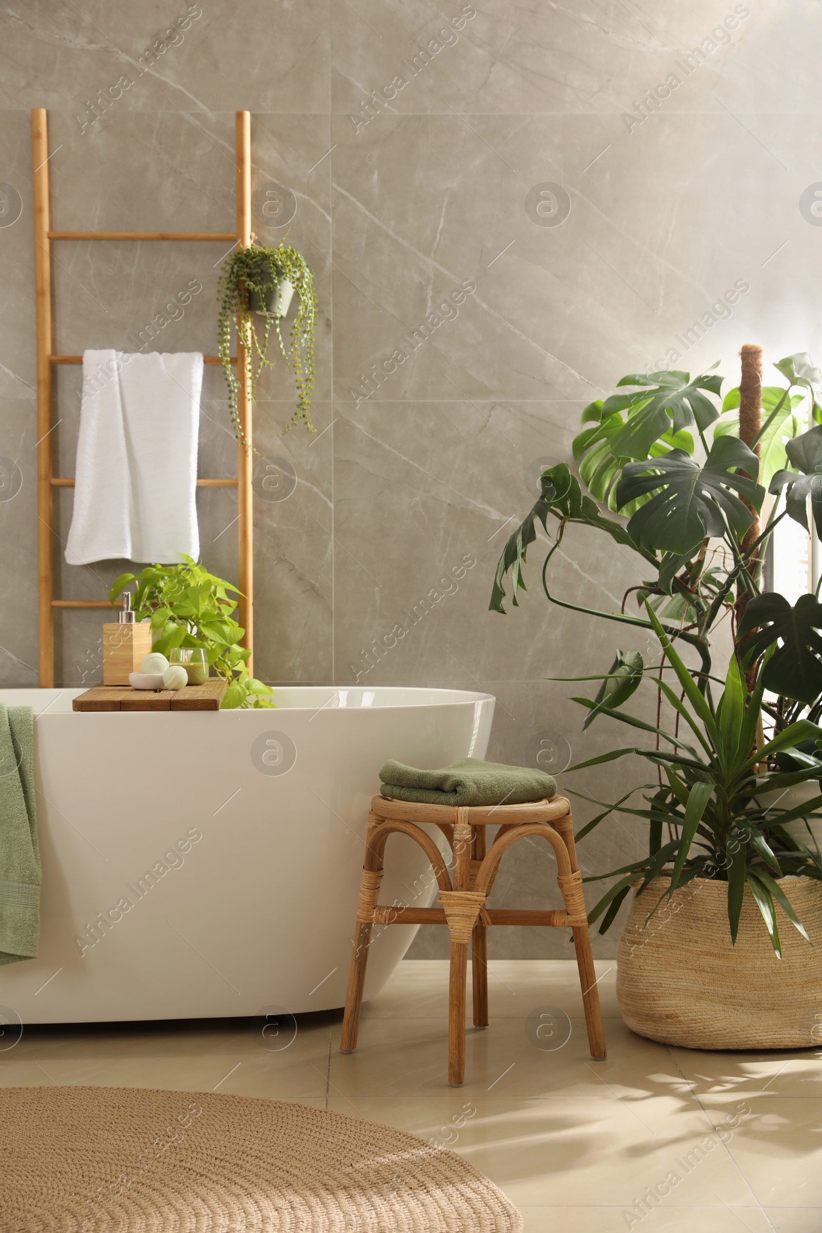 Photo of Modern white tub and beautiful green houseplants in bathroom. Interior design