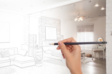 Image of Woman drawing living room interior design, closeup. Combination of photo and sketch