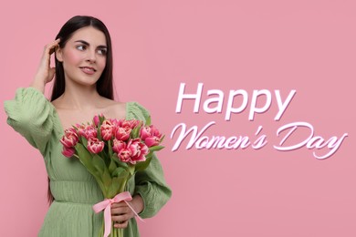 Happy Women's Day - March 8. Attractive lady with bouquet of tulips on pink background