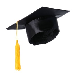 Photo of Graduation hat with gold tassel isolated on white