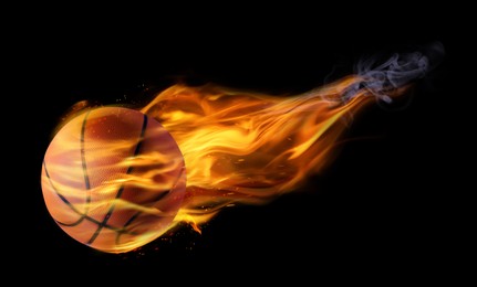 Image of Basketball ball with bright flame on black background. Banner design