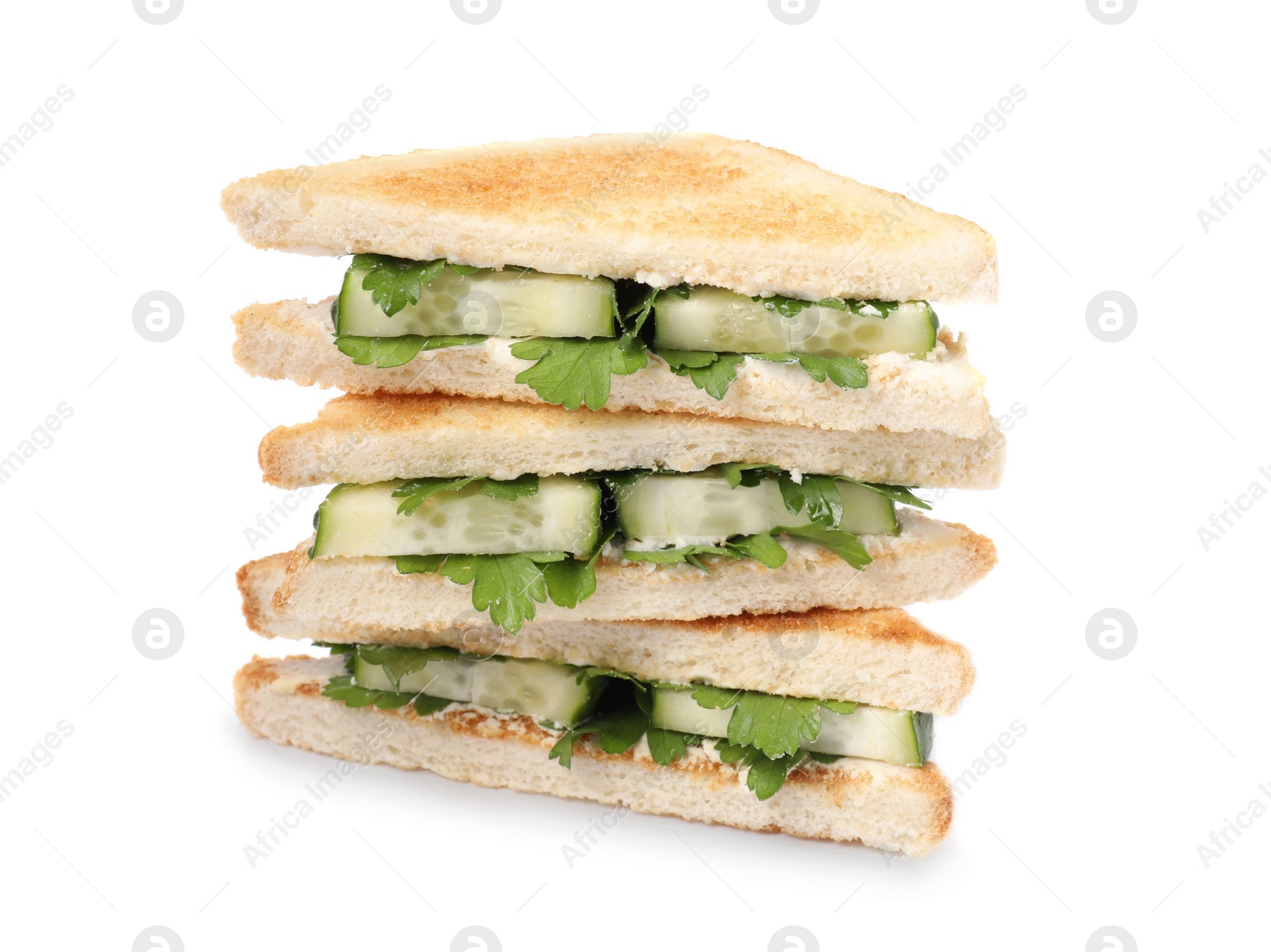 Photo of Tasty sandwiches with cucumber and parsley on white background