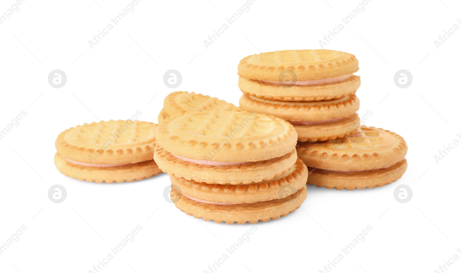 Photo of Many tasty sandwich cookies with cream isolated on white