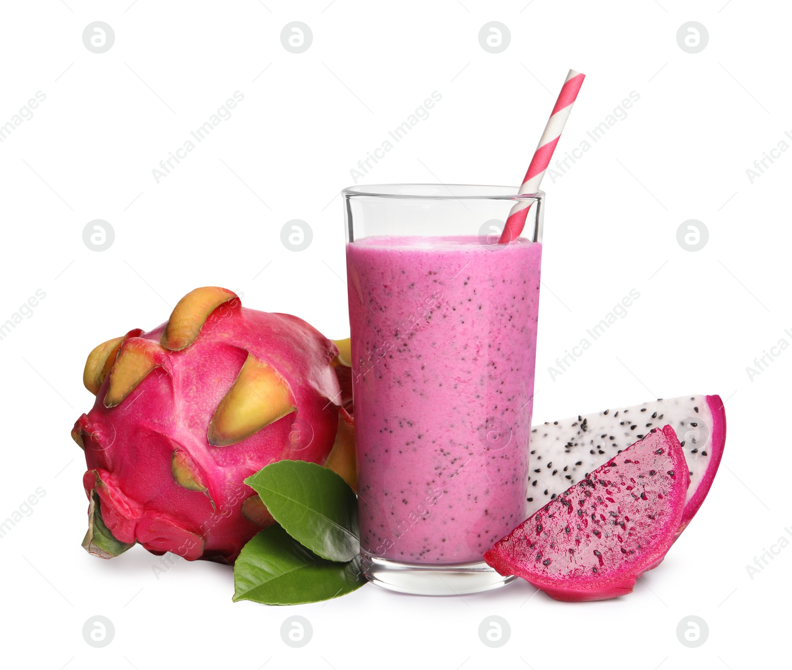 Photo of Glass of tasty pitahaya smoothie and fresh dragon fruits on white background