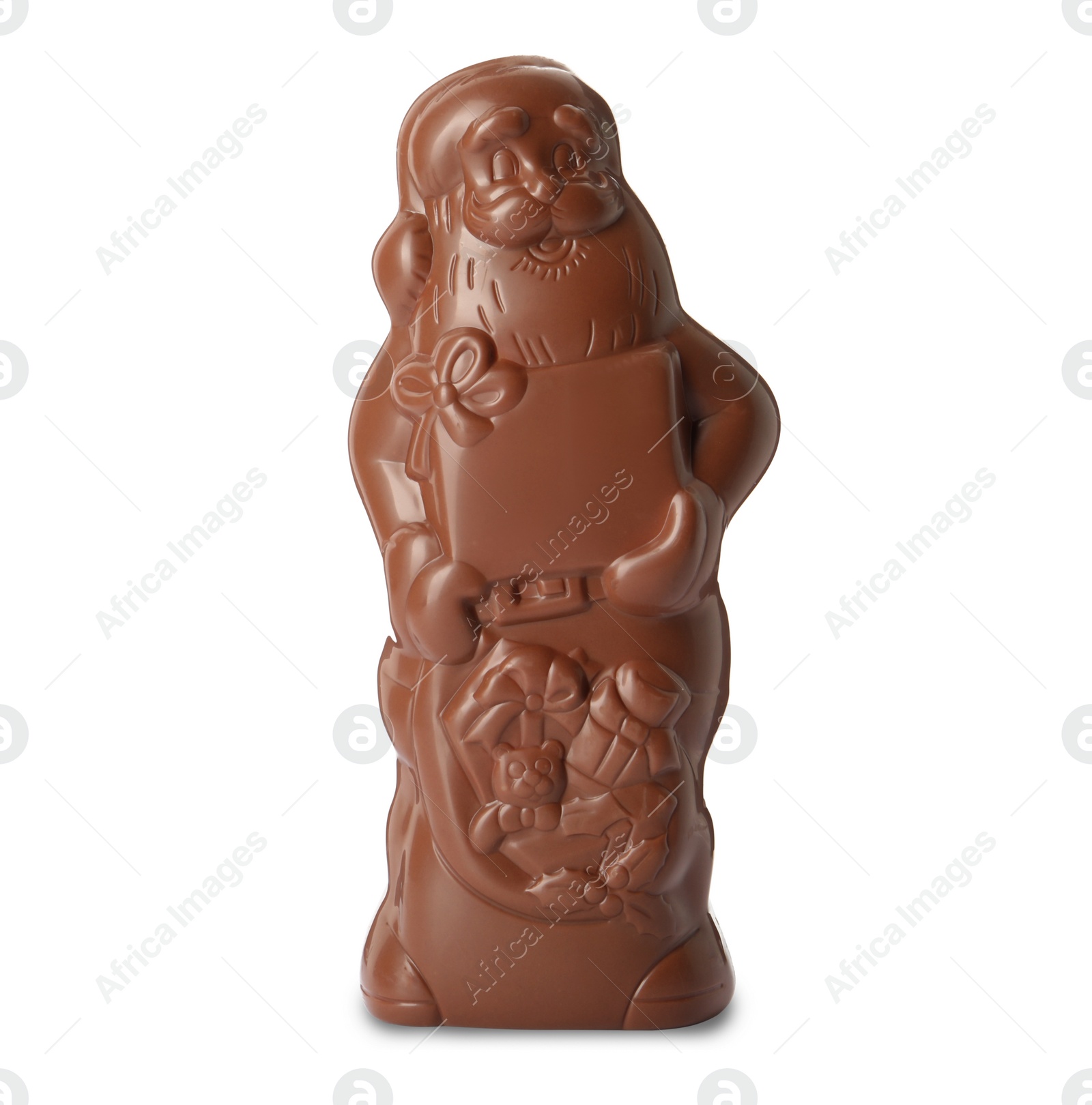 Photo of Unwrapped chocolate Santa Claus isolated on white
