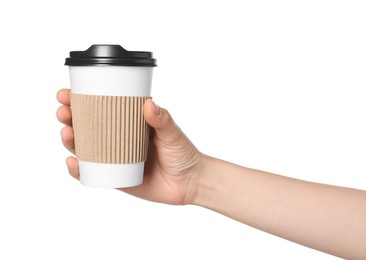 Woman holding paper cup of tasty drink on white background. Coffee to go