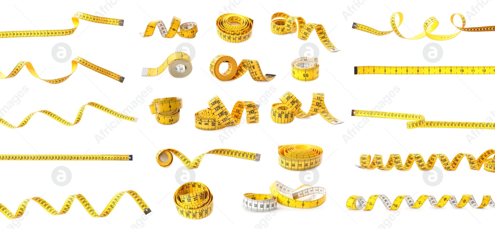 Image of Set of yellow measuring tapes on white background. Banner design