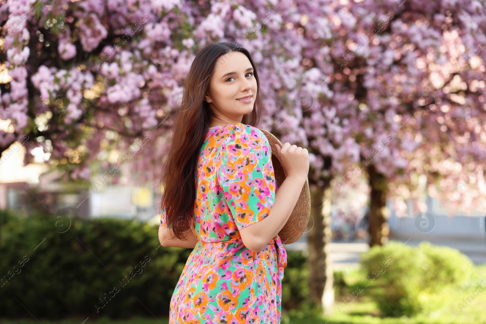 Photo of Beautiful woman with straw hat near blossoming tree on spring day