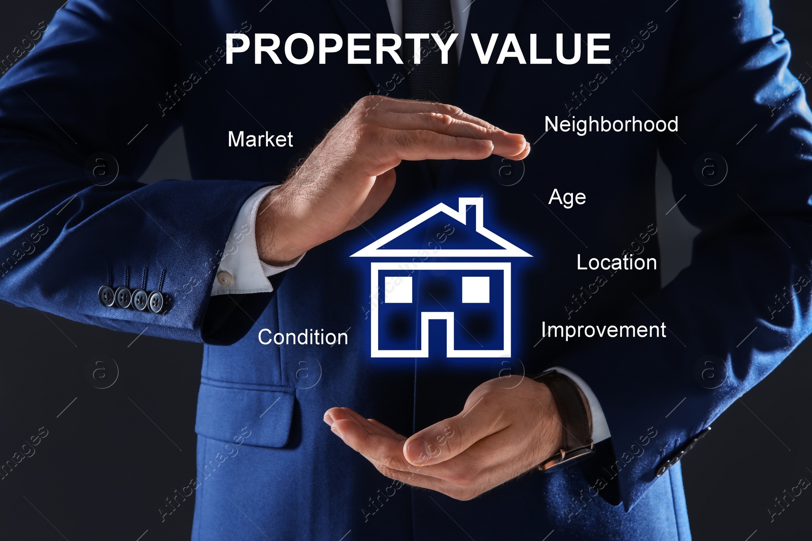 Image of Real estate agent showing house illustration, closeup. Property value concept