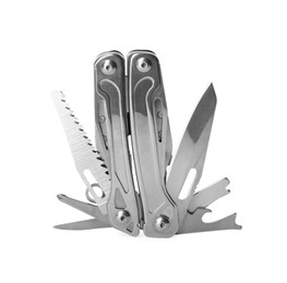 Photo of Compact portable metallic multitool isolated on white