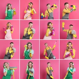 Image of Collage with photos of funny people singing on pink background