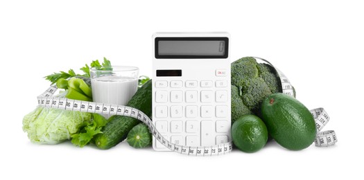 Photo of Calculator, measuring tape and food products on white background. Weight loss concept