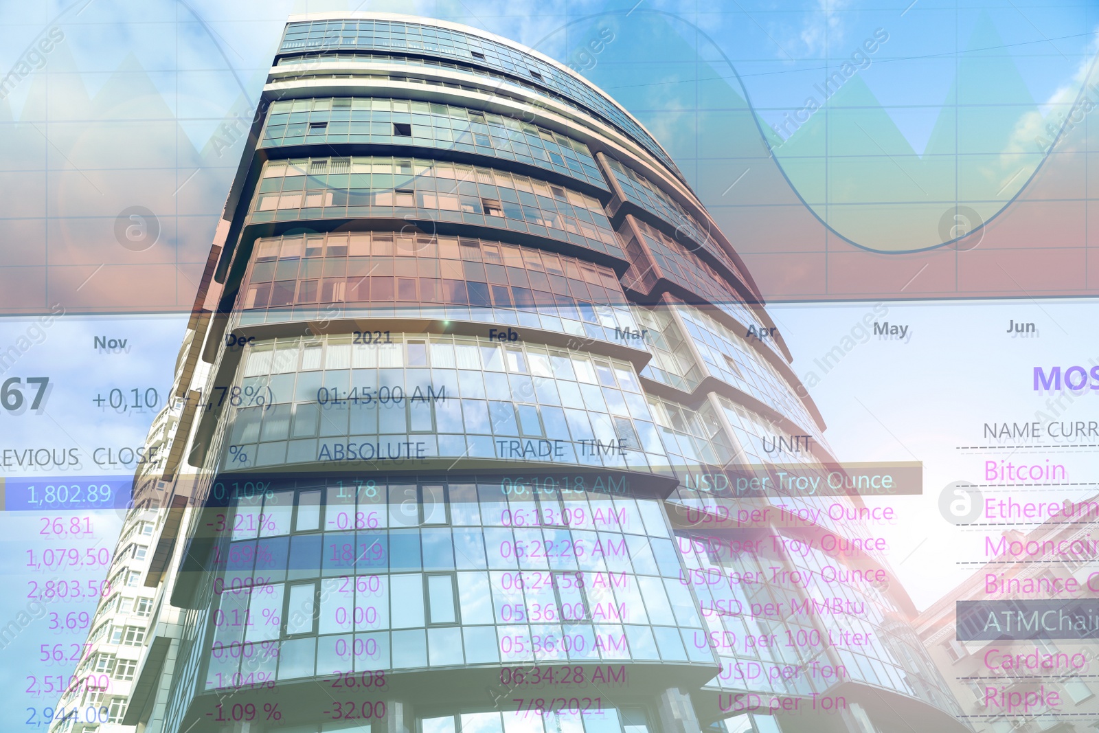 Image of Double exposure of online trading platform and building in city center. Stock exchange 