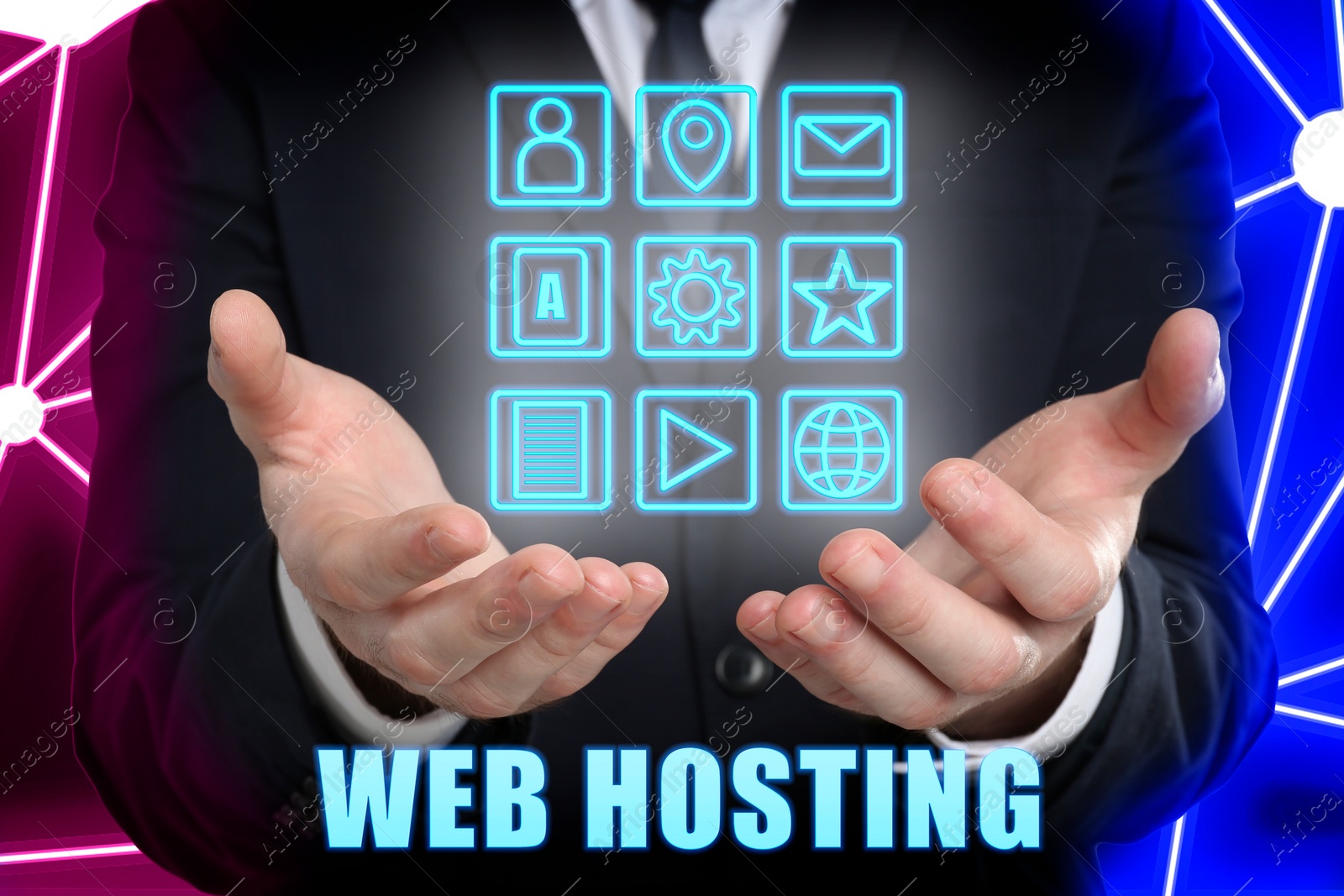 Image of Web hosting. Man holding digital set of icons, closeup