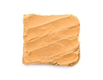 Photo of Tasty toast with peanut butter on white background