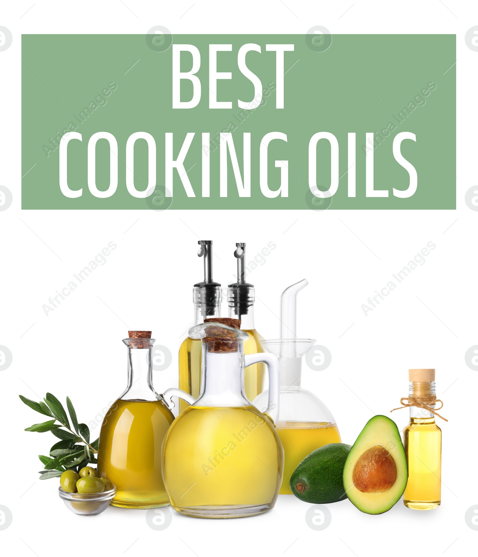 Image of Best for cooking. Different oils and ingredients on white background