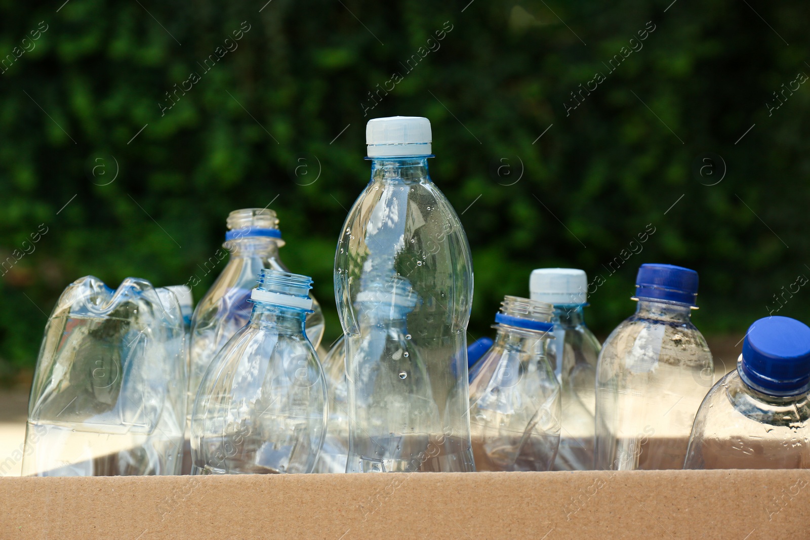 Photo of Cardboard box with used plastic bottles outdoors. Recycle concept