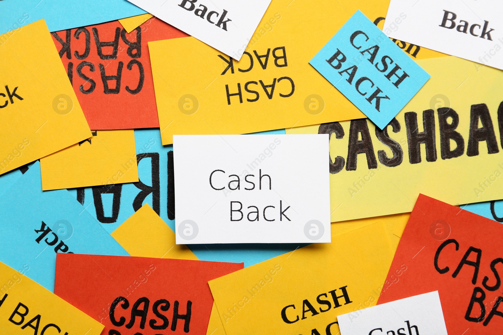 Photo of Many different paper cards with word Cashback, top view