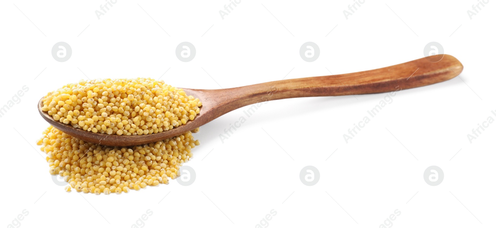 Photo of Wooden spoon with millet groats isolated on white