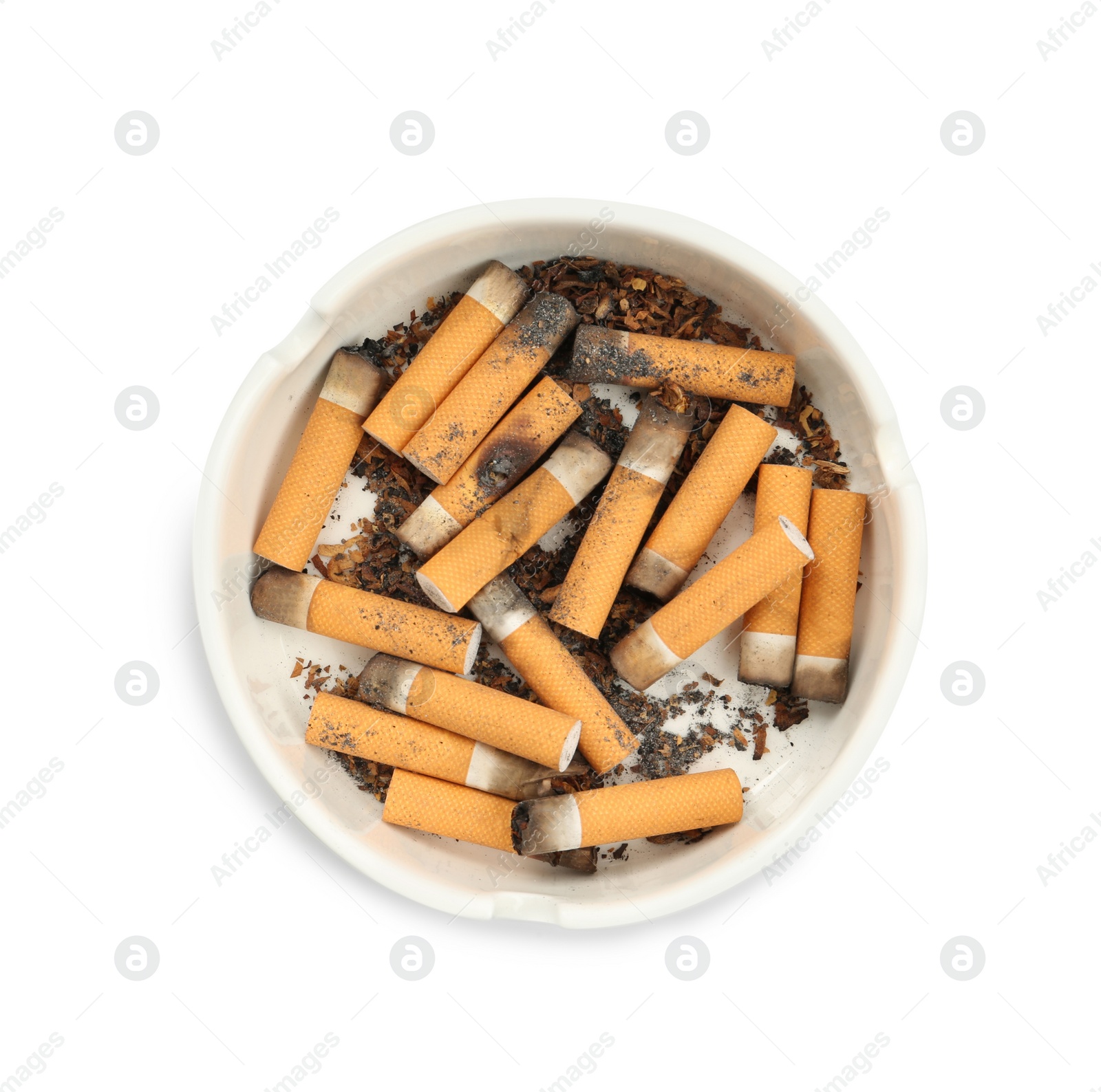 Photo of Ceramic ashtray full of cigarette stubs isolated on white, top view