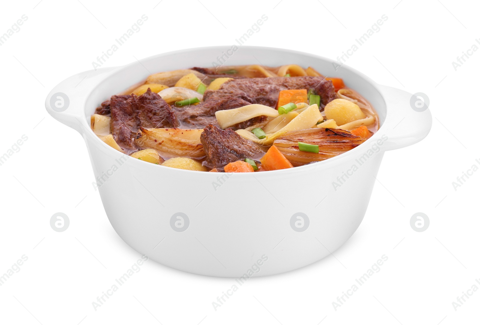 Photo of Pot of delicious vegetable soup with meat, noodles and ingredients isolated on white