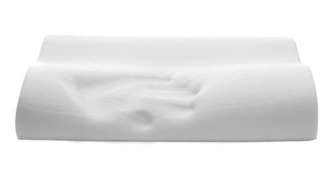 Orthopedic memory foam pillow with handprint isolated on white