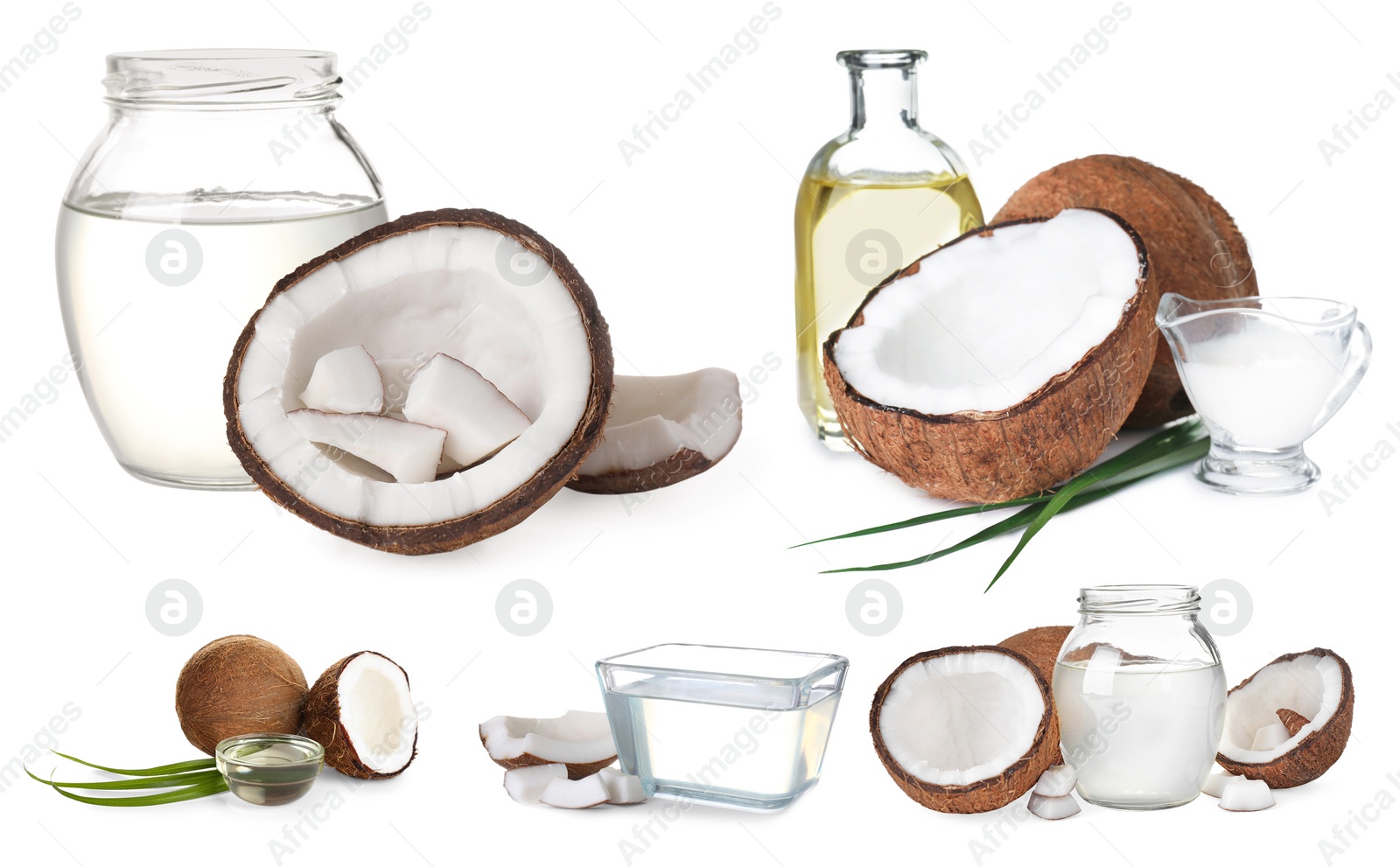 Image of Set of coconuts and organic cooking oil on white background