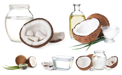 Image of Set of coconuts and organic cooking oil on white background