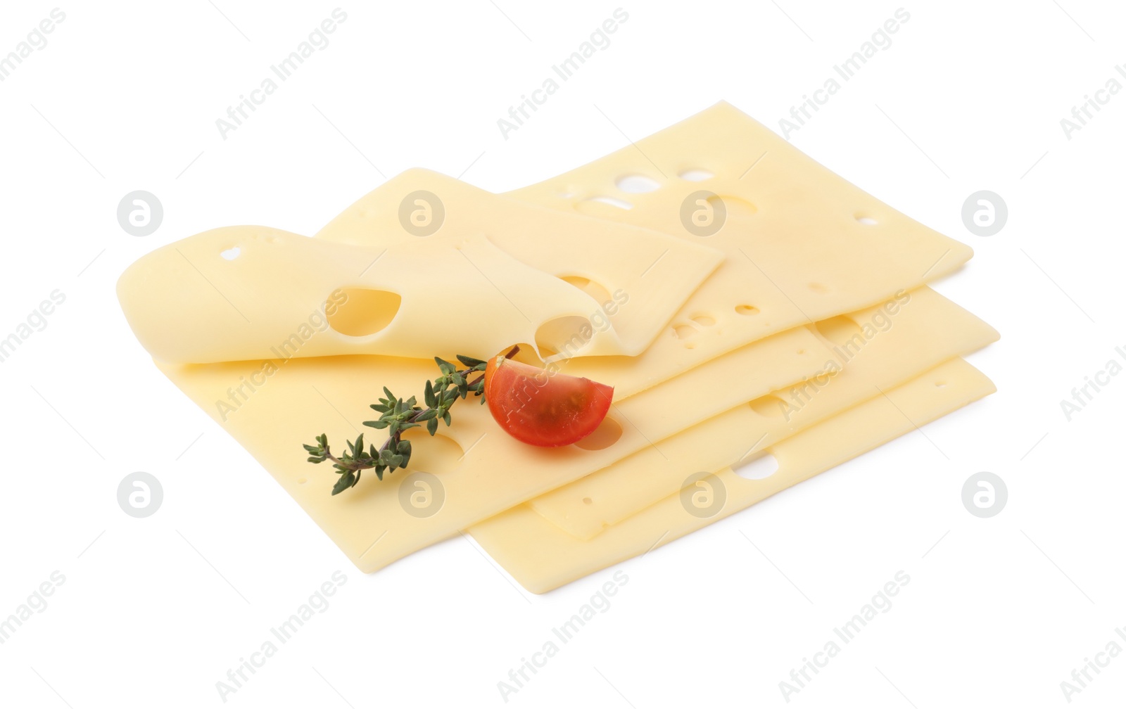 Photo of Slices of tasty fresh cheese, thyme and tomato isolated on white