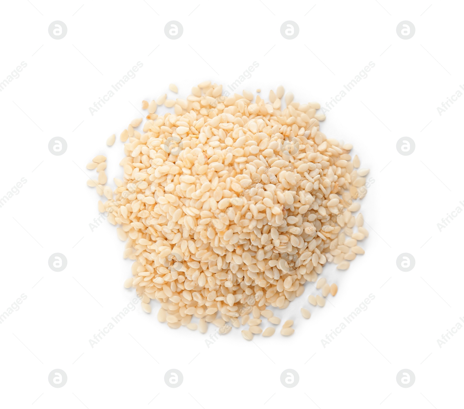 Photo of Pile of sesame seeds on white background, top view