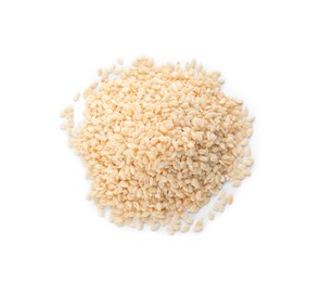 Photo of Pile of sesame seeds on white background, top view