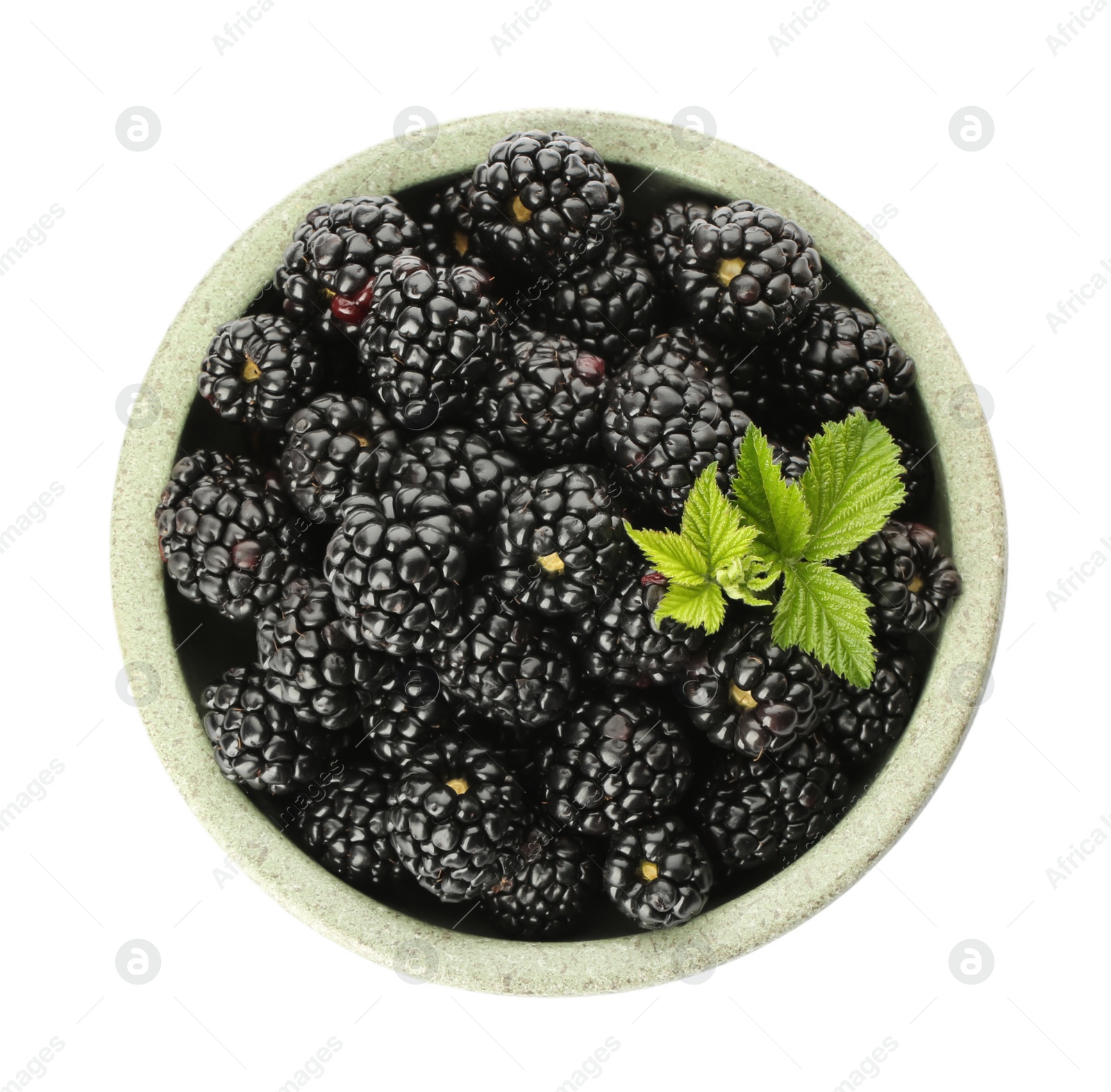 Photo of Bowl with fresh ripe blackberries isolated on white, top view