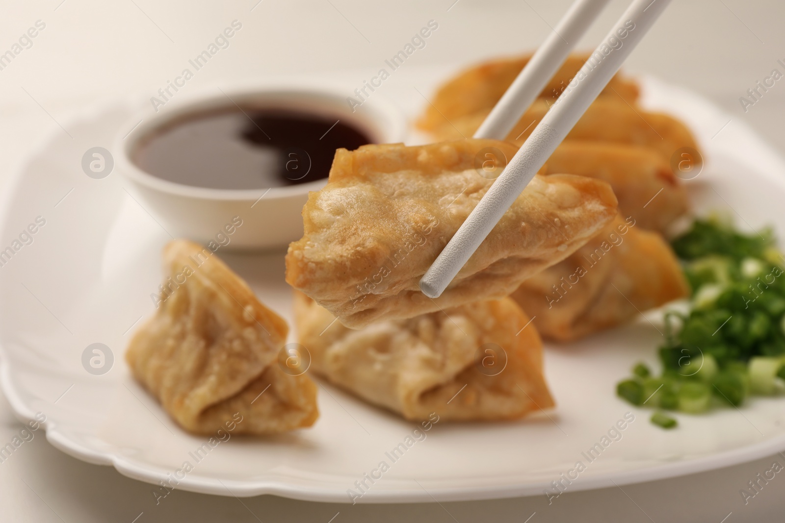 Photo of Taking delicious gyoza (asian dumpling) from plate at table, closeup