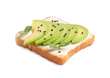 Photo of Delicious toast with cream cheese, avocado and black sesame seeds isolated on white