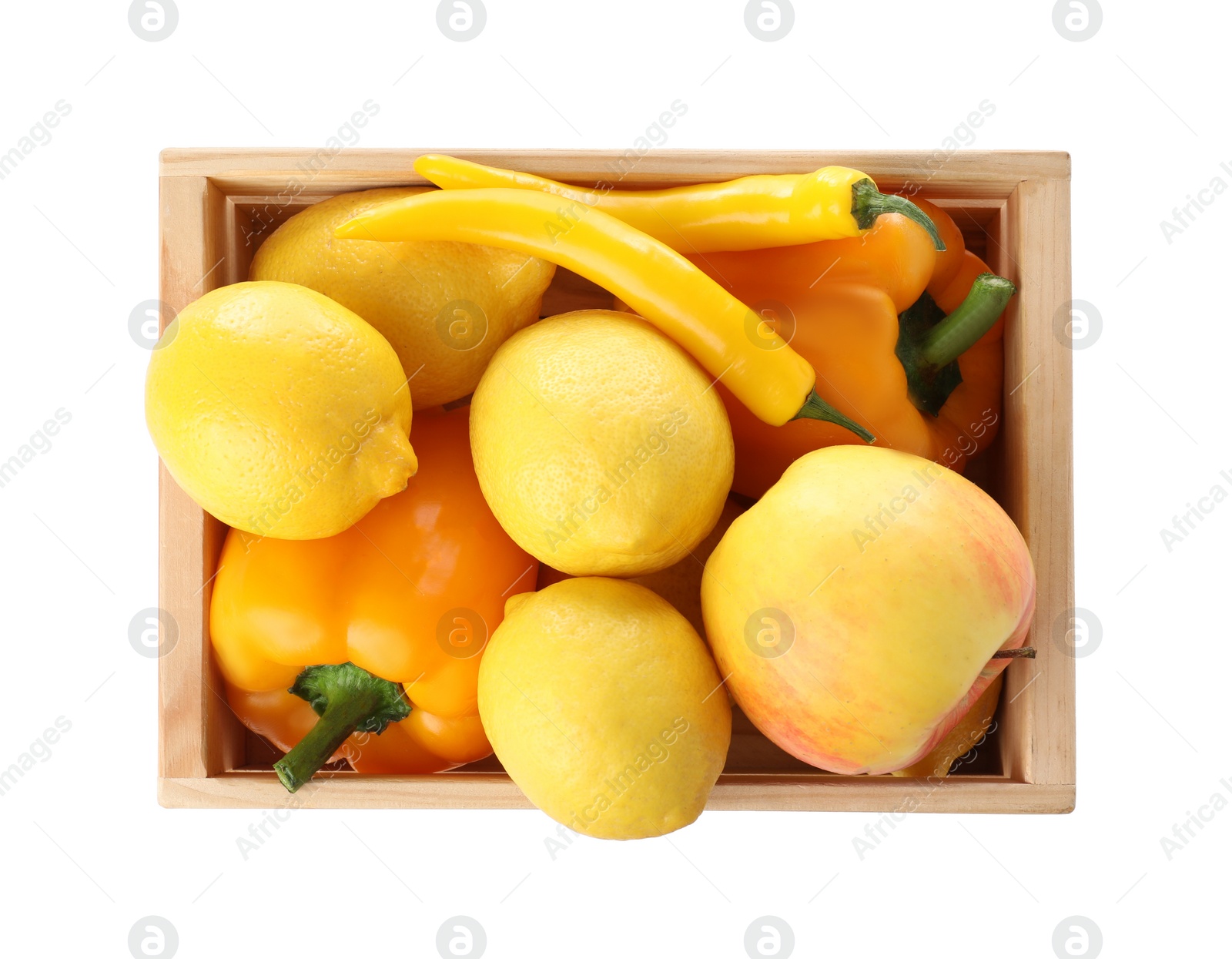 Photo of Wooden crate full of fresh ripe fruits and vegetables on white background, top view