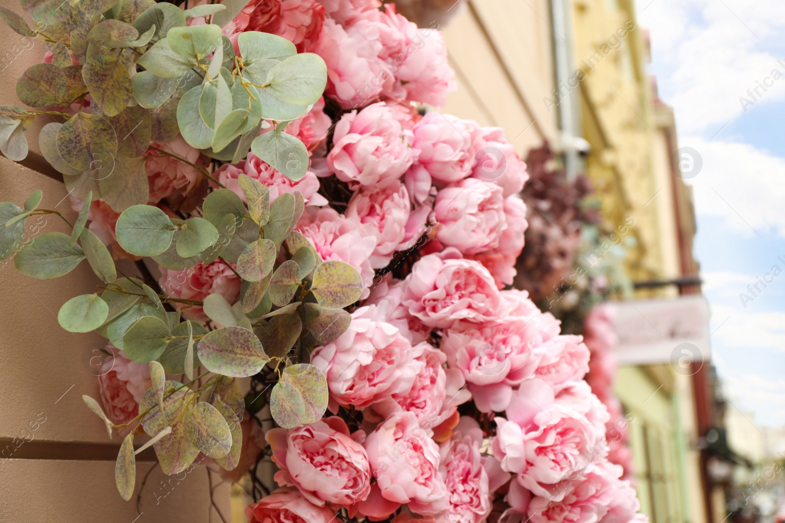 Photo of Building decorated with beautiful peony flowers, closeup