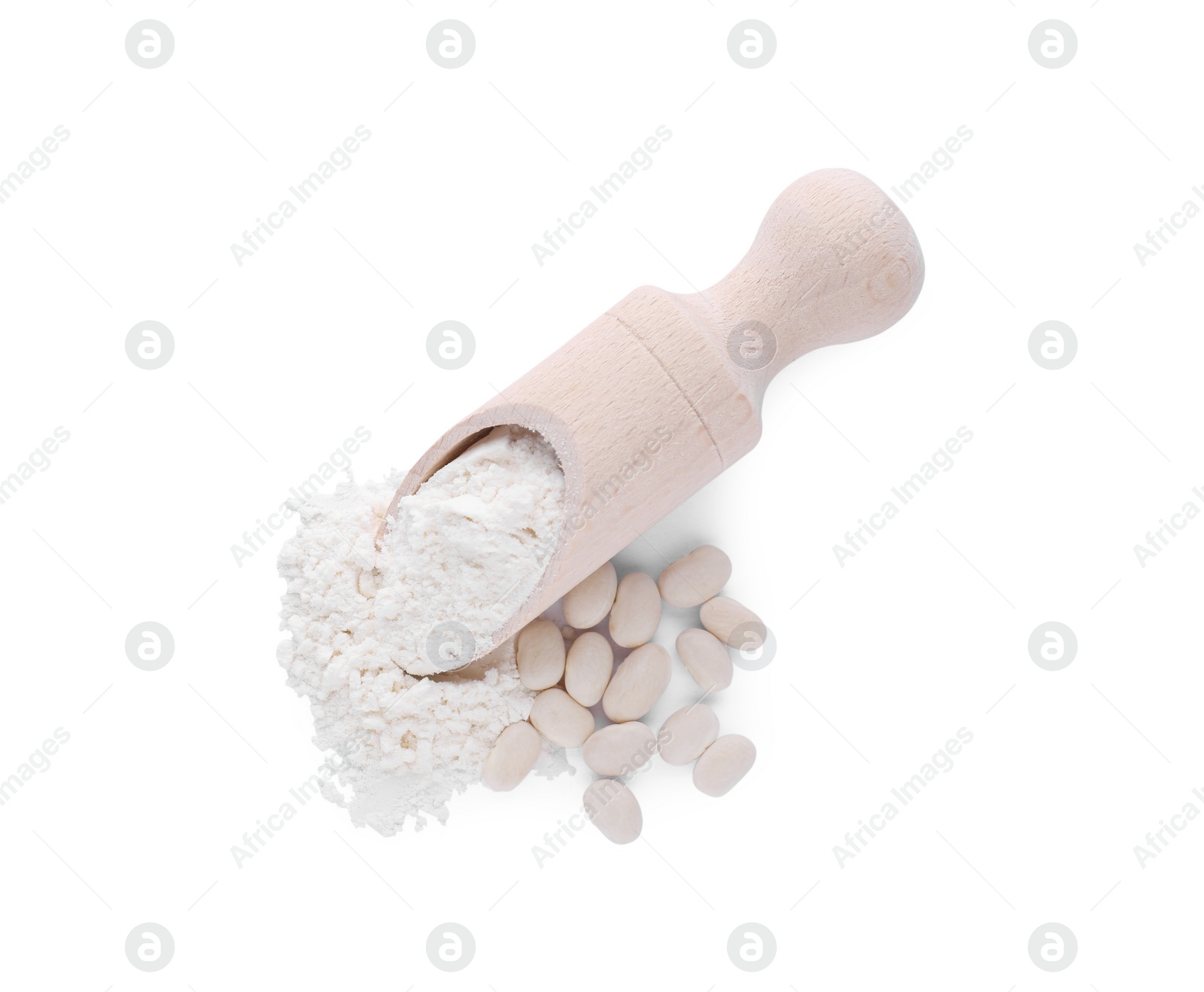 Photo of Wooden scoop with flour and kidney beans isolated on white, top view