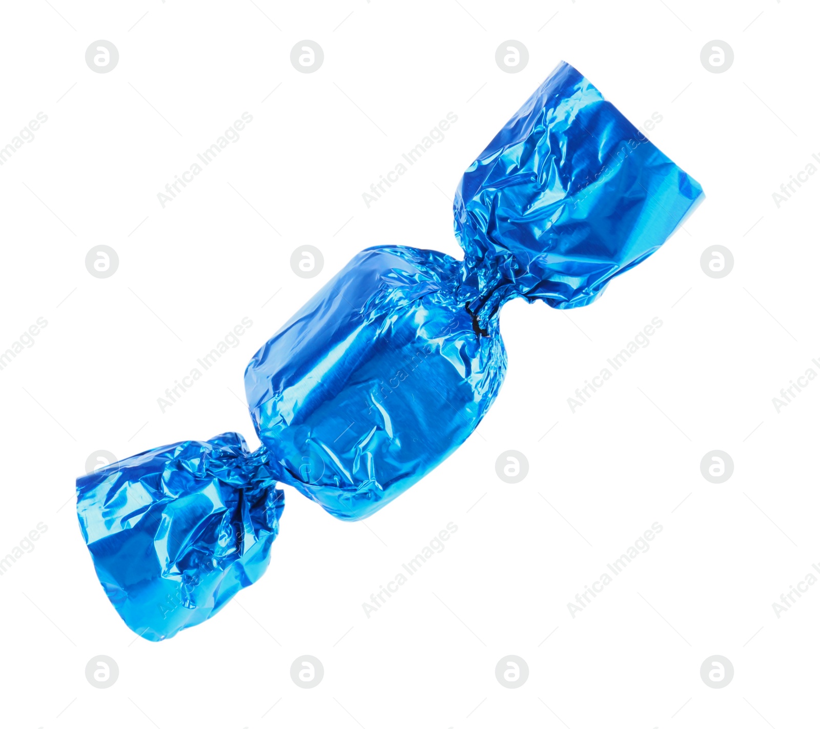 Photo of Tasty candy in light blue wrapper isolated on white