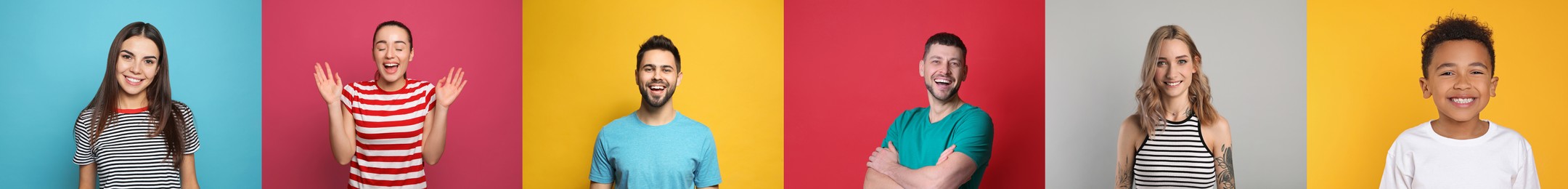 Image of Collage with portraits of happy people on different color backgrounds