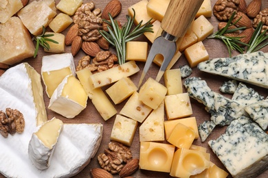 Photo of Cheese plate with rosemary and nuts on wooden board, top view