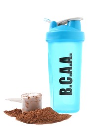 Shaker with abbreviation BCAA (Branched-chain amino acid) and powder on white background