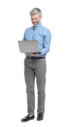 Photo of Mature businessman in stylish clothes with laptop on white background